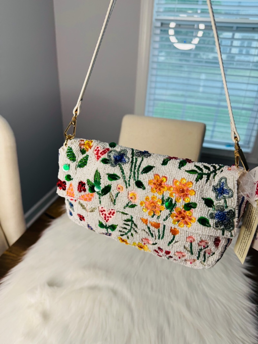 White Beaded Floral Embellished shoulder bag with Multicolor Flowers